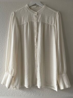 LOFT Ivory Button-Up Mandarin Collar Blouse, Medium